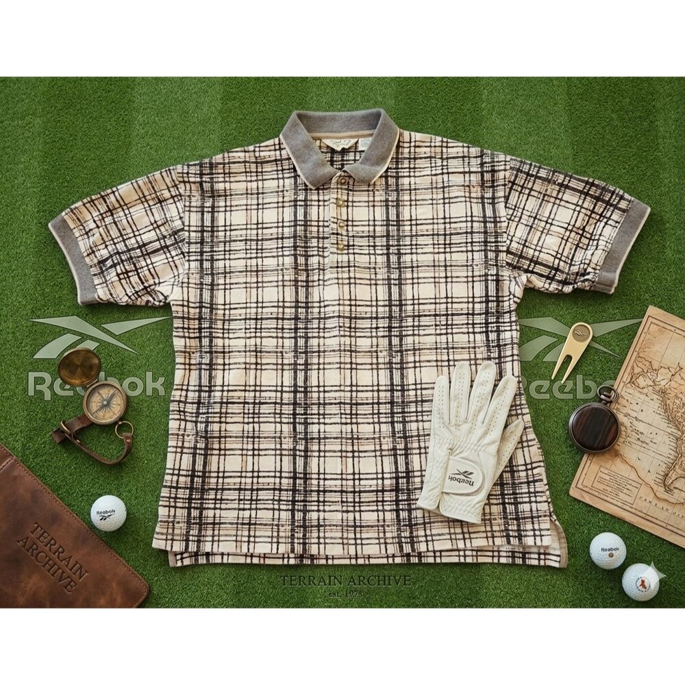 Reebok Golf Men’s L 100% Cotton Plaid Polo Shirt Cream Gray Y2K Early 2000s